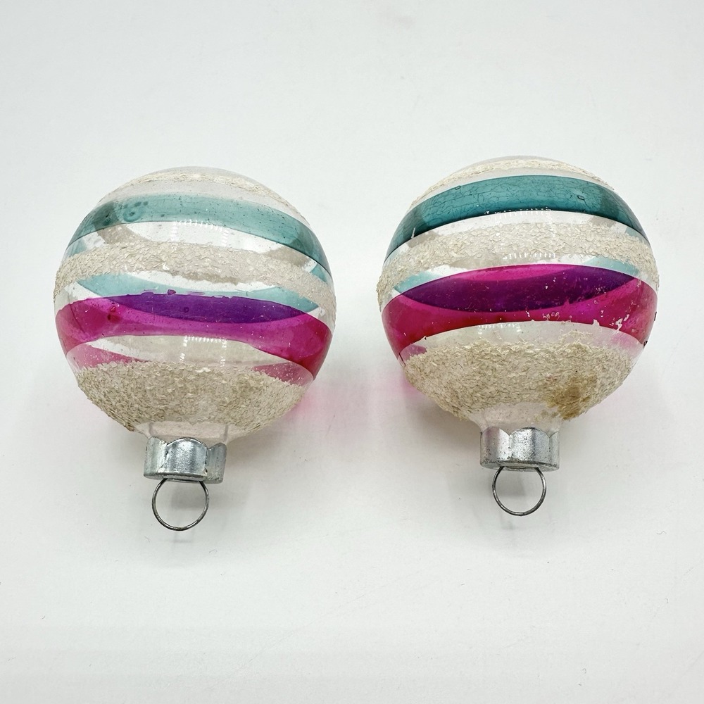 Vintage Mica? Unsilvered Glass Christmas Ornament Pink White Blue Striped USA